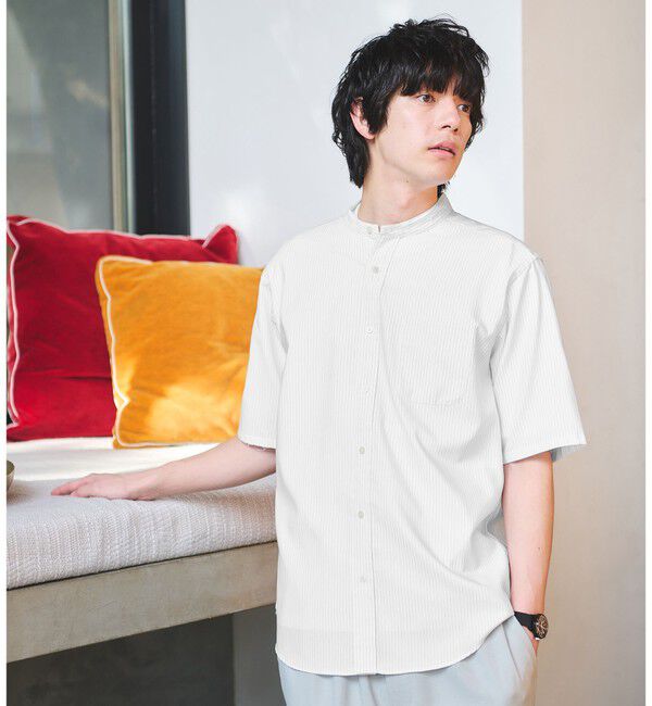 UNITED ARROWS green label relaxing「W/R オックスフォード ストライプ バンドカラー 半袖 シャツ」|シャツ・ブラウス|WHITE