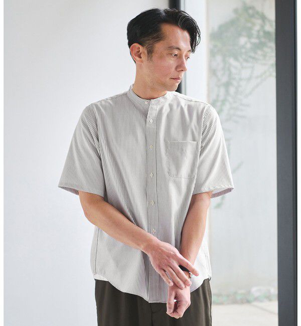 UNITED ARROWS green label relaxing「W/R オックスフォード ストライプ バンドカラー 半袖 シャツ」|シャツ・ブラウス|DK.BROWN