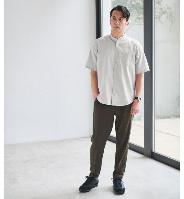 UNITED ARROWS green label relaxing「W/R オックスフォード ストライプ バンドカラー 半袖 シャツ」|シャツ・ブラウス|