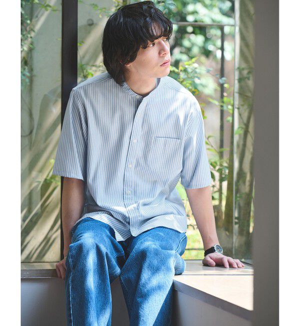 UNITED ARROWS green label relaxing「W/R オックスフォード ストライプ バンドカラー 半袖 シャツ」|シャツ・ブラウス|LT.BLUE
