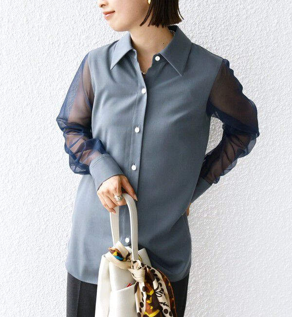 SHIPS for women「〈手洗い可能〉シアー袖 ドッキング シャツ」|シャツ・ブラウス|