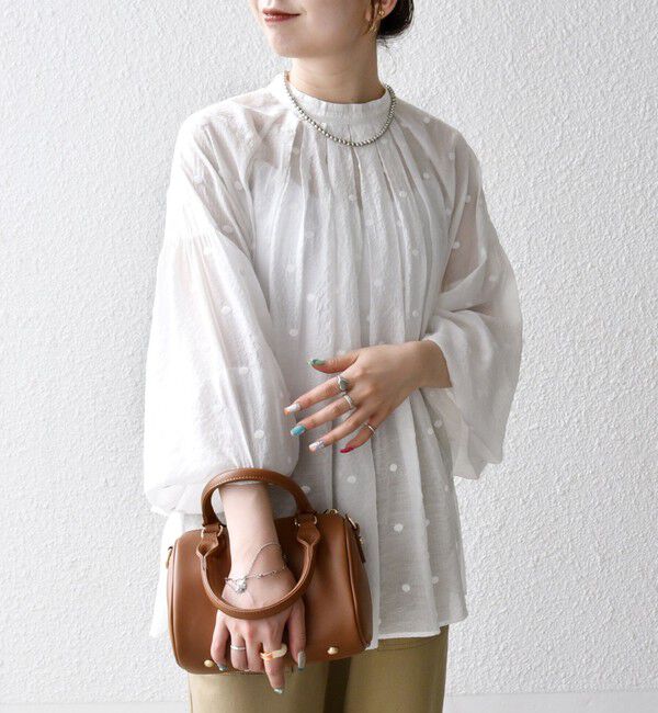 SHIPS any「【WEB限定】SHIPS any:〈手洗い可能〉シアー ドット スタンドカラー パフ ギャザー ブラウス」|シャツ・ブラウス|