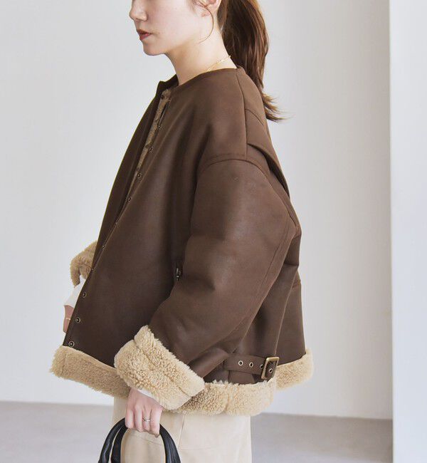 quaranciel「quaranciel: ムートンライク ボア ボンディング ノーカラー スナップ ブルゾン」|その他|