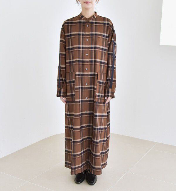 quaranciel「quaranciel: バンドカラー ライン チェック ポケット シャツ ワンピース」|ワンピース|