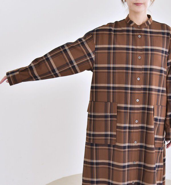 quaranciel「quaranciel: バンドカラー ライン チェック ポケット シャツ ワンピース」|ワンピース|