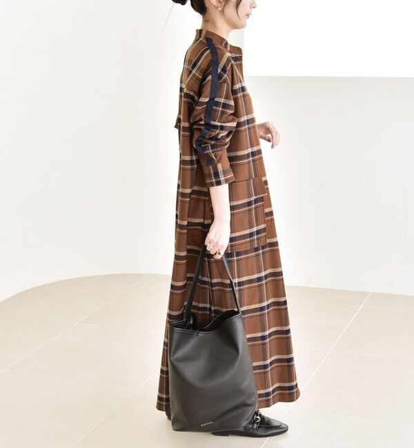 quaranciel「quaranciel: バンドカラー ライン チェック ポケット シャツ ワンピース」|ワンピース|