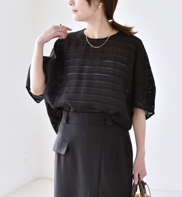 quaranciel「quaranciel:〈洗濯機可能〉ジャガード ボーダー シアー ブラウス」|シャツ・ブラウス|