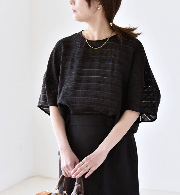 quaranciel「quaranciel:〈洗濯機可能〉ジャガード ボーダー シアー ブラウス」|シャツ・ブラウス|