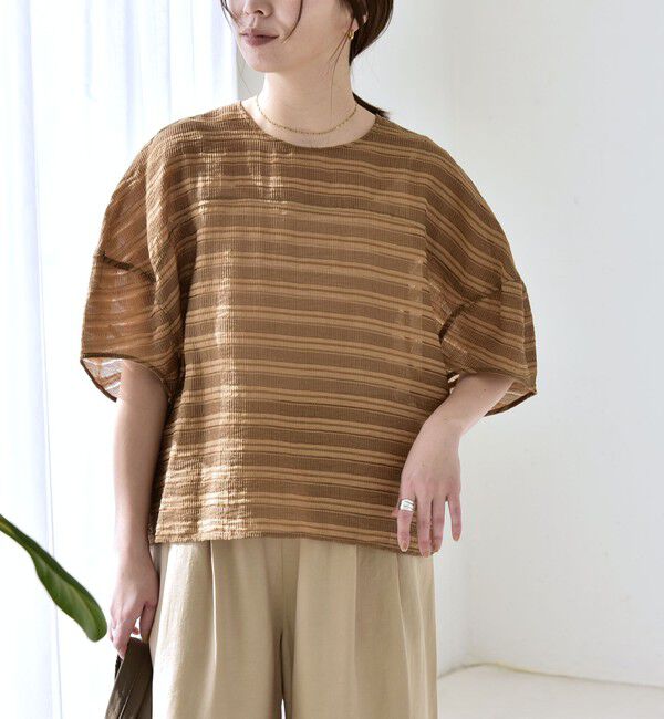 quaranciel「quaranciel:〈洗濯機可能〉ジャガード ボーダー シアー ブラウス」|シャツ・ブラウス|キャメル