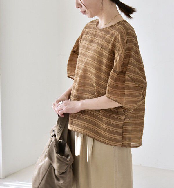 quaranciel「quaranciel:〈洗濯機可能〉ジャガード ボーダー シアー ブラウス」|シャツ・ブラウス|
