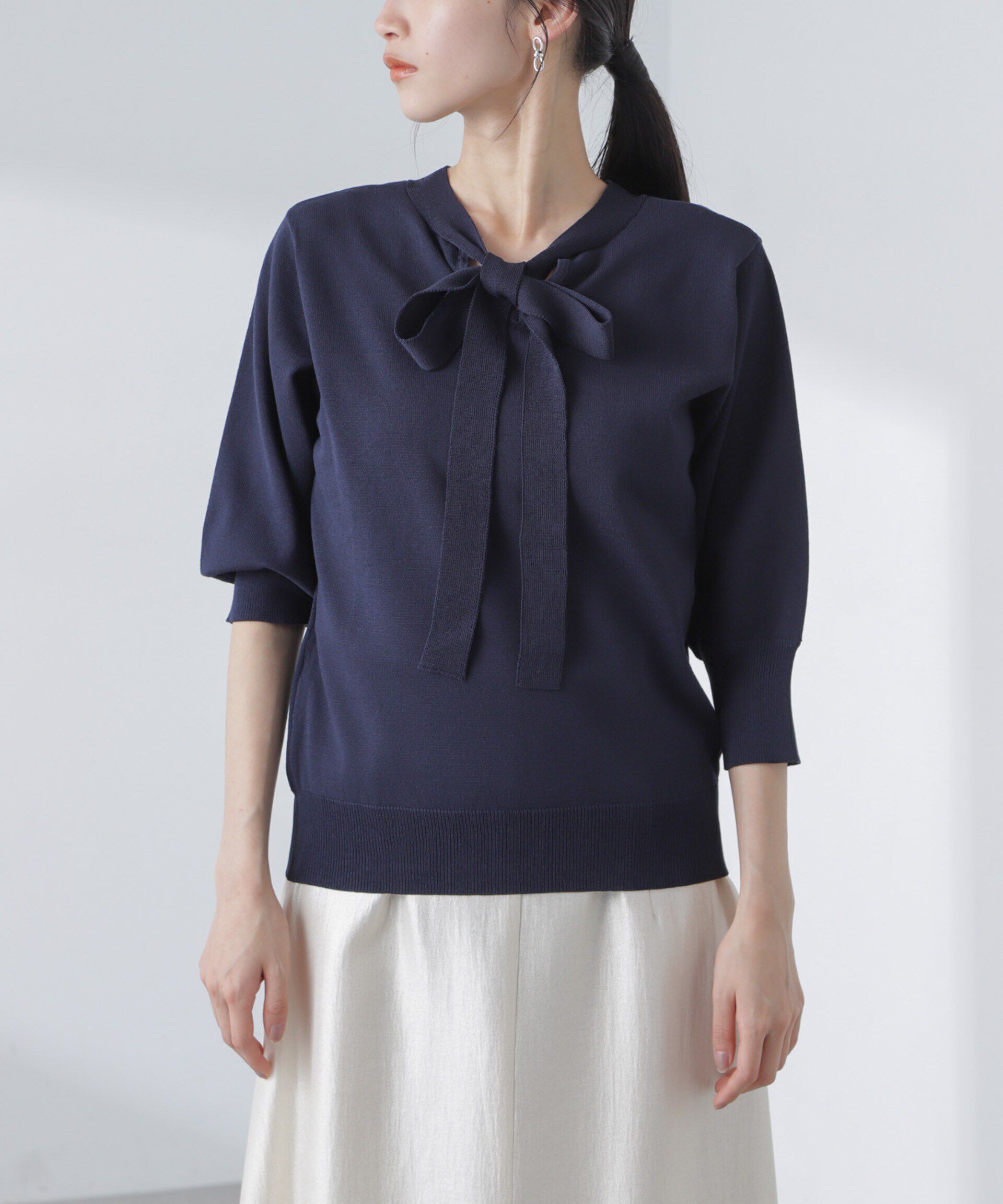 nano･universe「前後2wayボータイ半袖サマーニット」|ニット・セーター|