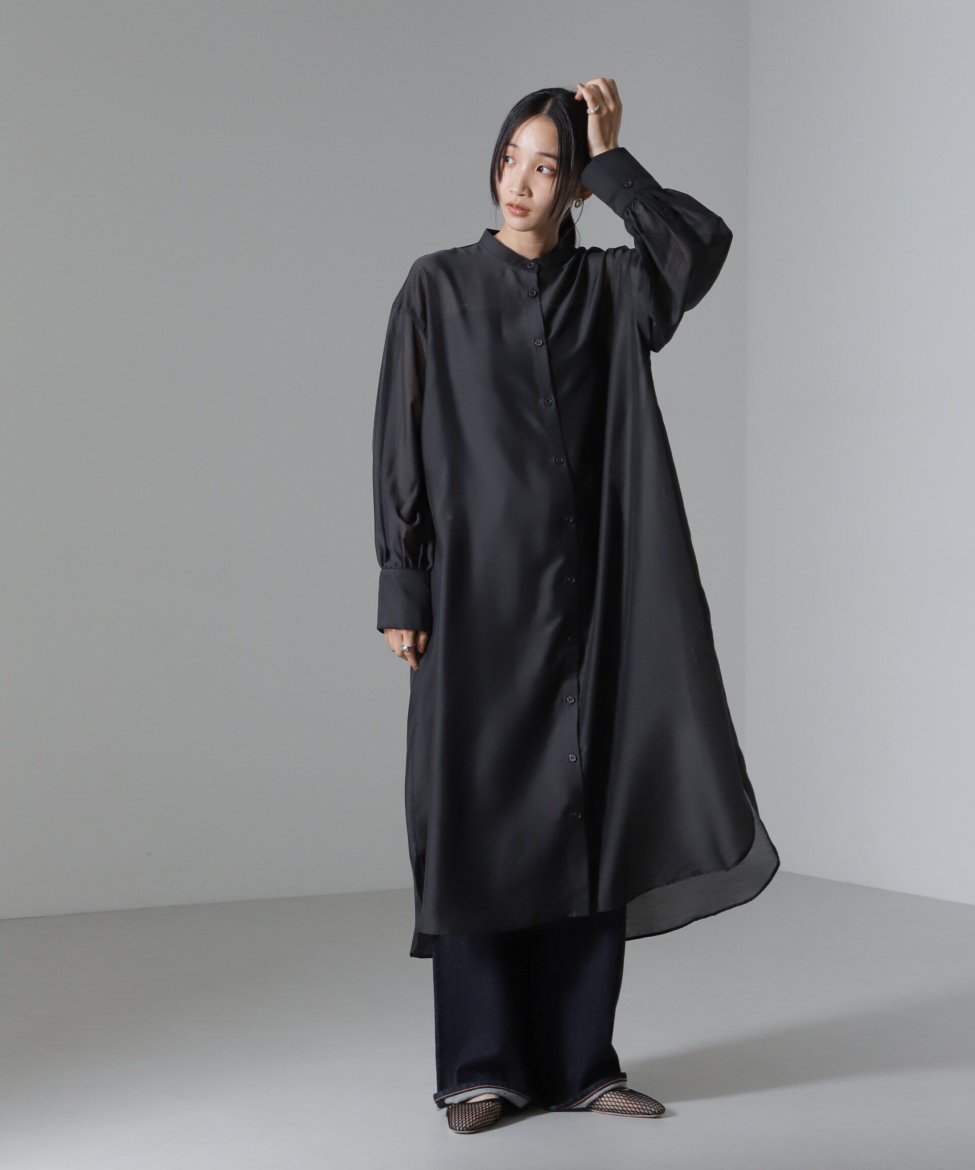 nano･universe「シアーマキシシャツワンピース」|ワンピース|ブラック