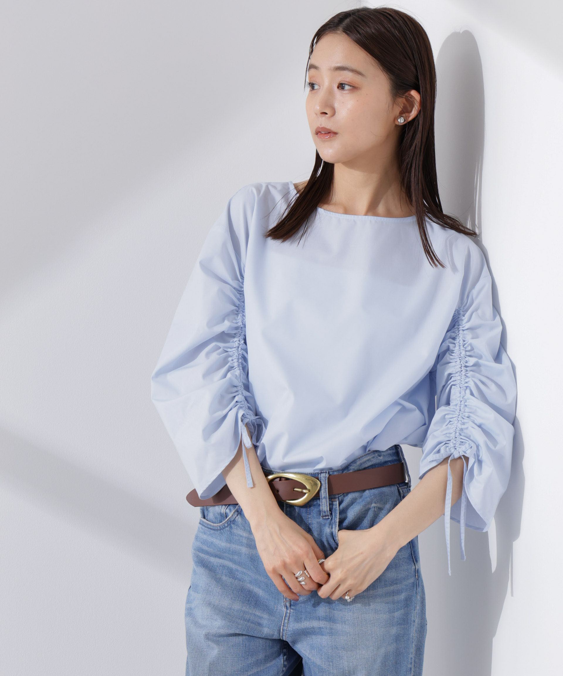 nano･universe「ドロストギャザースリーブプルオーバーシャツ」|シャツ・ブラウス|ブルー