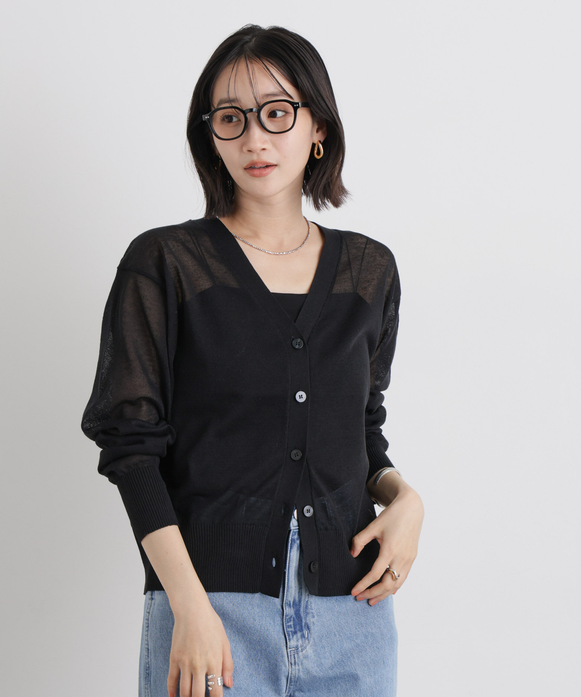 nano･universe「マシンウォッシャブルリネン混シアーニット Vネックカーディガン」|ニット・セーター|