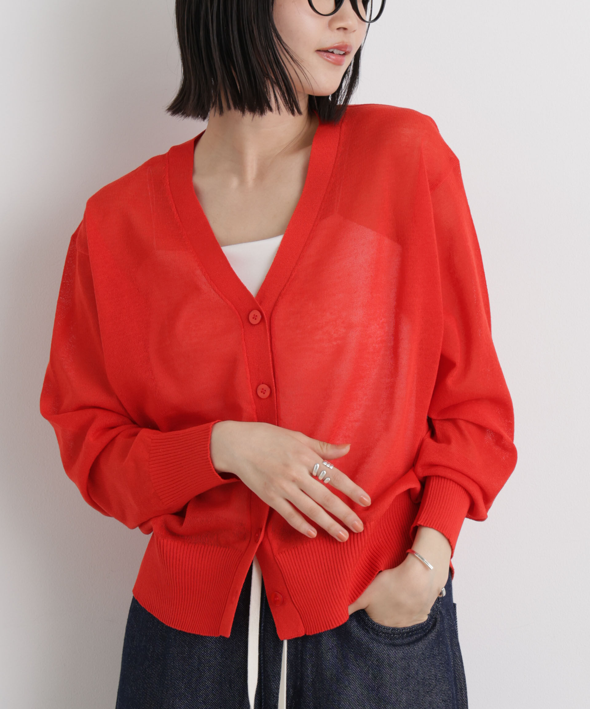 nano･universe「マシンウォッシャブルリネン混シアーニット Vネックカーディガン」|ニット・セーター|