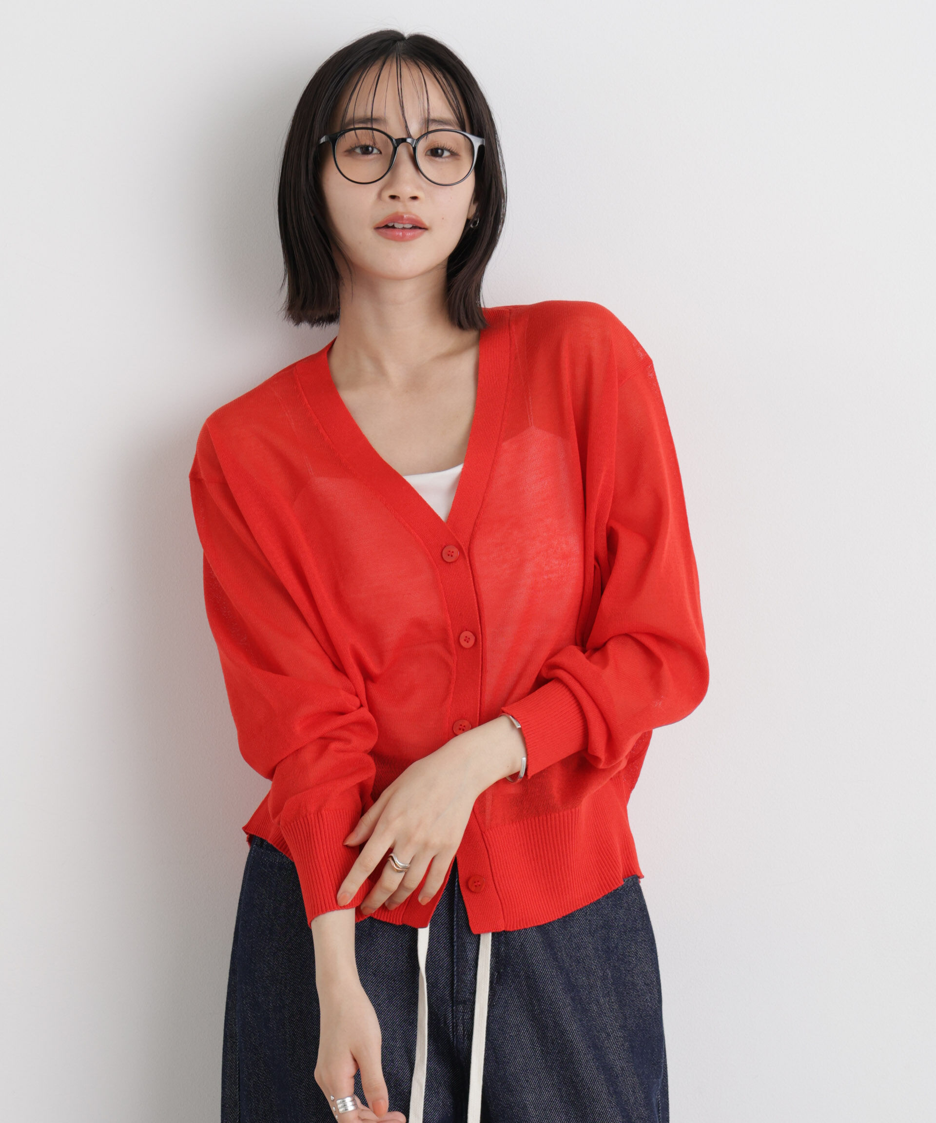 nano･universe「マシンウォッシャブルリネン混シアーニット Vネックカーディガン」|ニット・セーター|