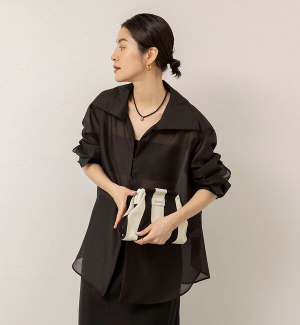 MAQWEL「【MAQWEL/マクウェル】ウォッシャブルオープンカラーシアーブラウス」|シャツ・ブラウス|ブラック