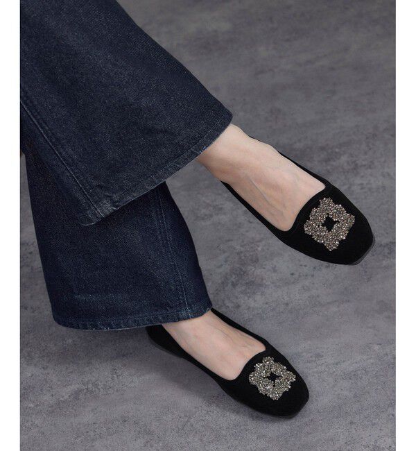 SALON adam et rope'「【MALUS（マリュス）】Velvet bijou shoes / ベルベットビジューパンプス」|パンプス|ブラック(01)