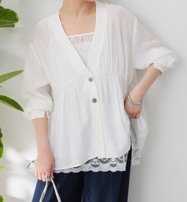  「《1枚で着映える》ギャザー切替シアーシャツカーディガン」|カーディガン|オフホワイト