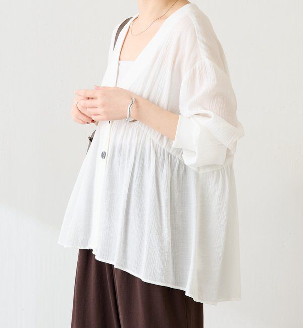  「《1枚で着映える》ギャザー切替シアーシャツカーディガン」|カーディガン|