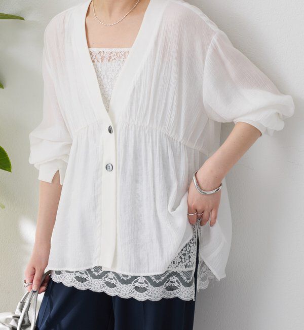  「《1枚で着映える》ギャザー切替シアーシャツカーディガン」|カーディガン|