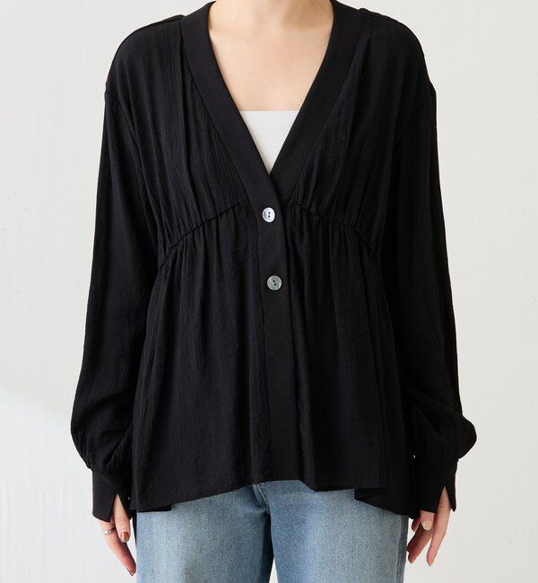  「《1枚で着映える》ギャザー切替シアーシャツカーディガン」|カーディガン|