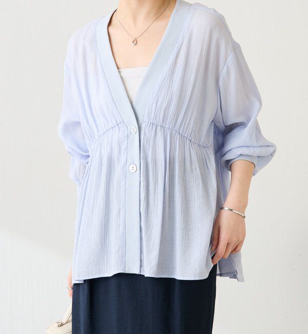  「《1枚で着映える》ギャザー切替シアーシャツカーディガン」|カーディガン|