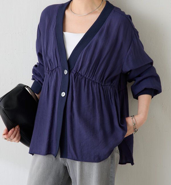  「《1枚で着映える》ギャザー切替シアーシャツカーディガン」|カーディガン|ネイビー