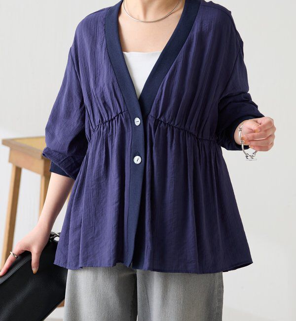  「《1枚で着映える》ギャザー切替シアーシャツカーディガン」|カーディガン|