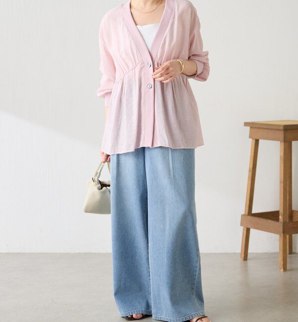  「《1枚で着映える》ギャザー切替シアーシャツカーディガン」|カーディガン|