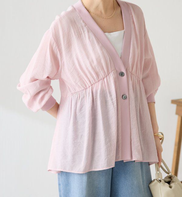  「《1枚で着映える》ギャザー切替シアーシャツカーディガン」|カーディガン|