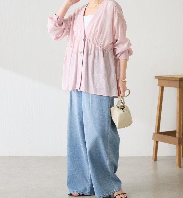  「《1枚で着映える》ギャザー切替シアーシャツカーディガン」|カーディガン|