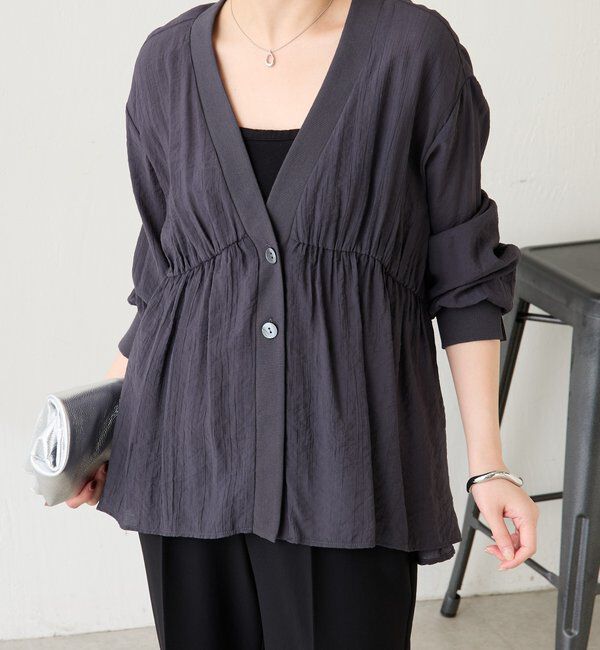  「《1枚で着映える》ギャザー切替シアーシャツカーディガン」|カーディガン|