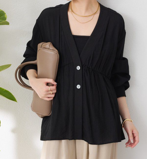  「《1枚で着映える》ギャザー切替シアーシャツカーディガン」|カーディガン|