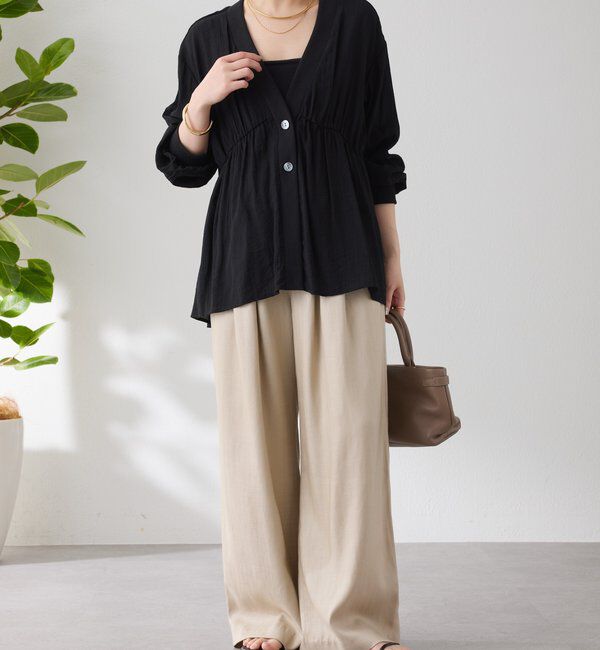  「《1枚で着映える》ギャザー切替シアーシャツカーディガン」|カーディガン|