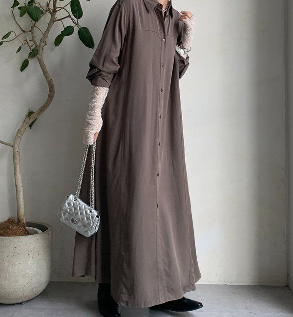  「リヨセルツイルロングシャツワンピース」|ワンピース|モカ