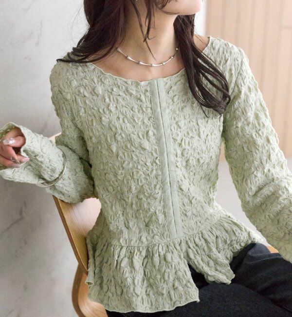  「シャーリングペプラム TOPS」|シャツ・ブラウス|グリーン