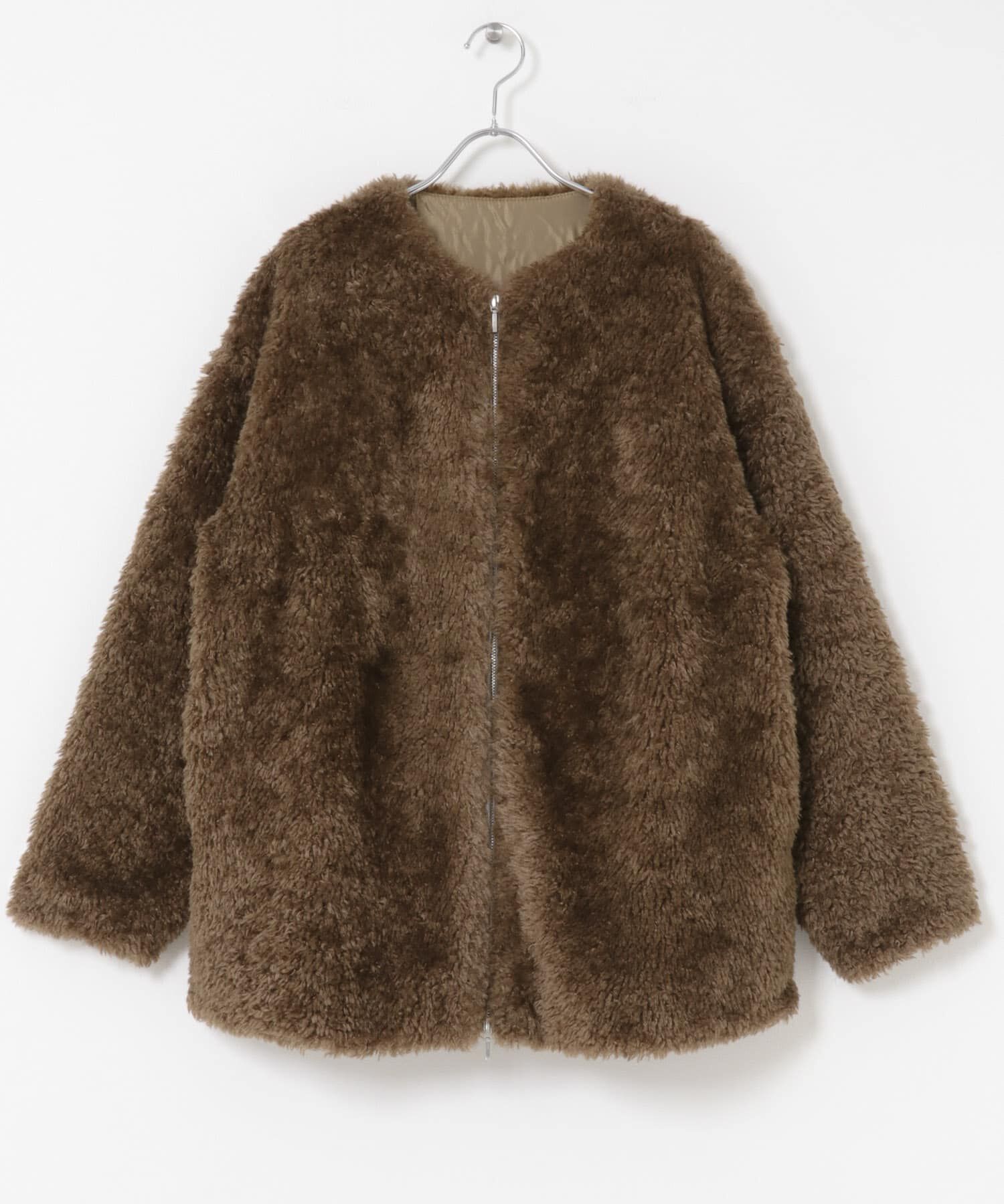 URBAN RESEARCH ROSSO「『WEB/一部店舗限定』ノーカラーファーボアZIPブルゾン」|ノーカラージャケット|