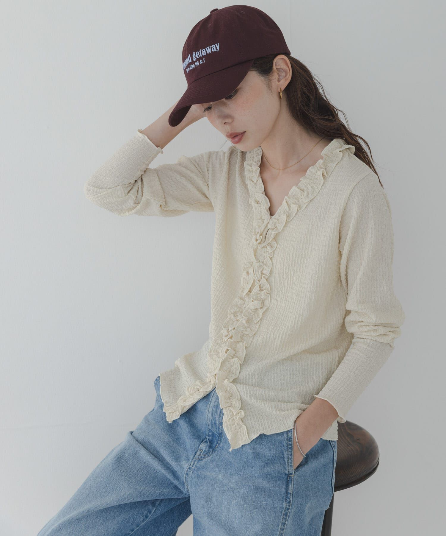 Sonny Label 「『WEB限定』ワッフルフリルVネックカーディガン」|カーディガン|オフホワイト