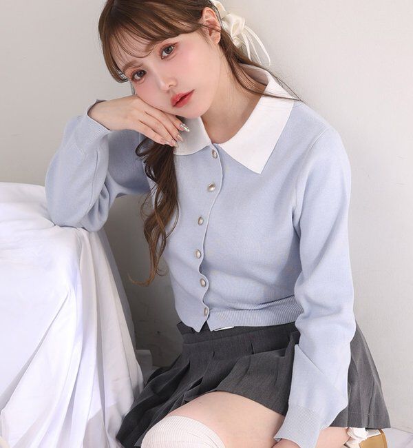  「配色襟付きニット」|ニット・セーター|サックスブルー