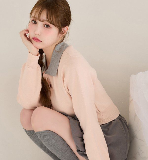  「配色襟付きニット」|ニット・セーター|ピンク