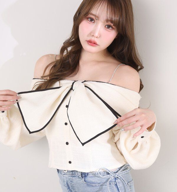  「肩ビジューリボンオフショルブラウス」|シャツ・ブラウス|アイボリー