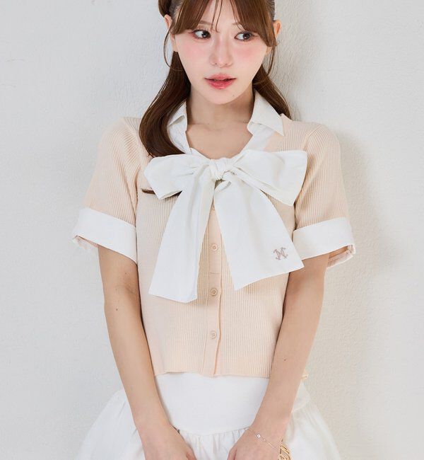  「【リボン取り外し可能】リボンシャツドッキングニット」|ニット・セーター|