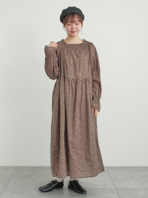 Samansa Mos2「花柄シャーリングワンピース」|ワンピース|カーキ