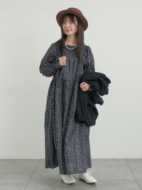 Samansa Mos2「花柄シャーリングワンピース」|ワンピース|ブラック