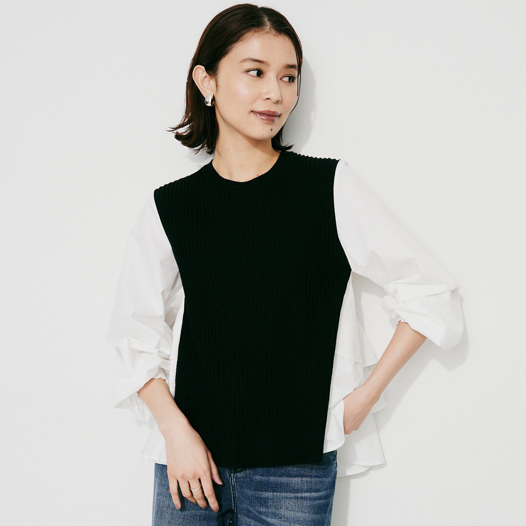 UNTITLED「【TORRAZZO DONNA】ニット&times;ファブリックティアードブラウス」|シャツ・ブラウス|ブラック(519)