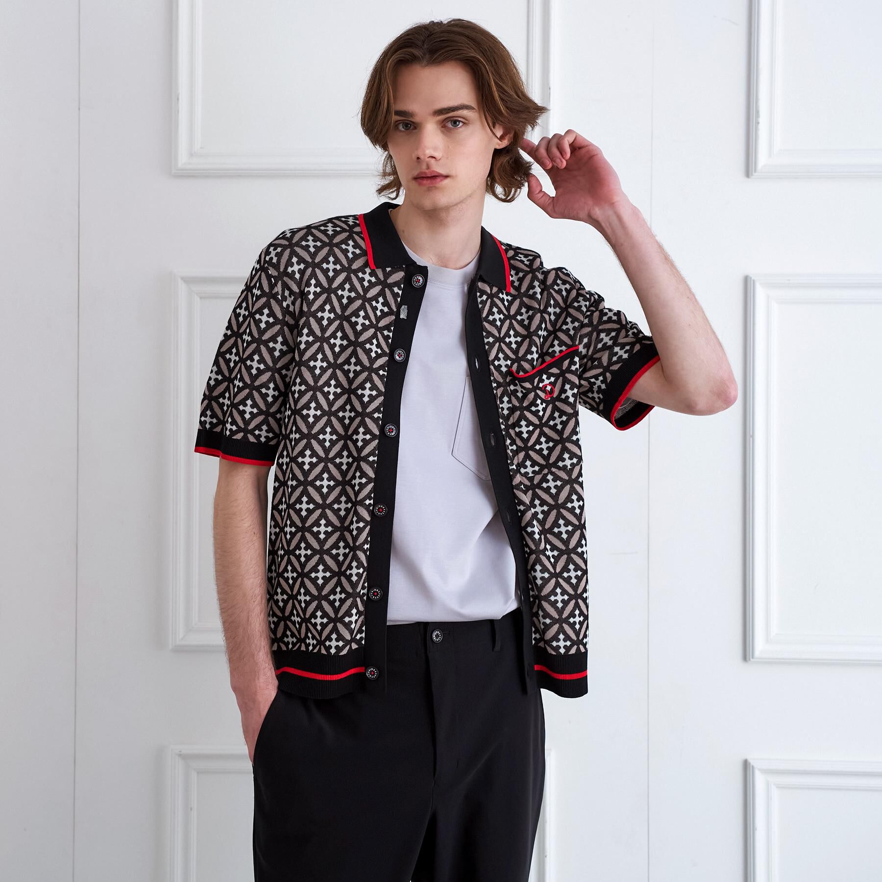 DRESSTERIOR「【ウォッシャブル】オーバーラップサークル ニットシャツ」|ニット・セーター|