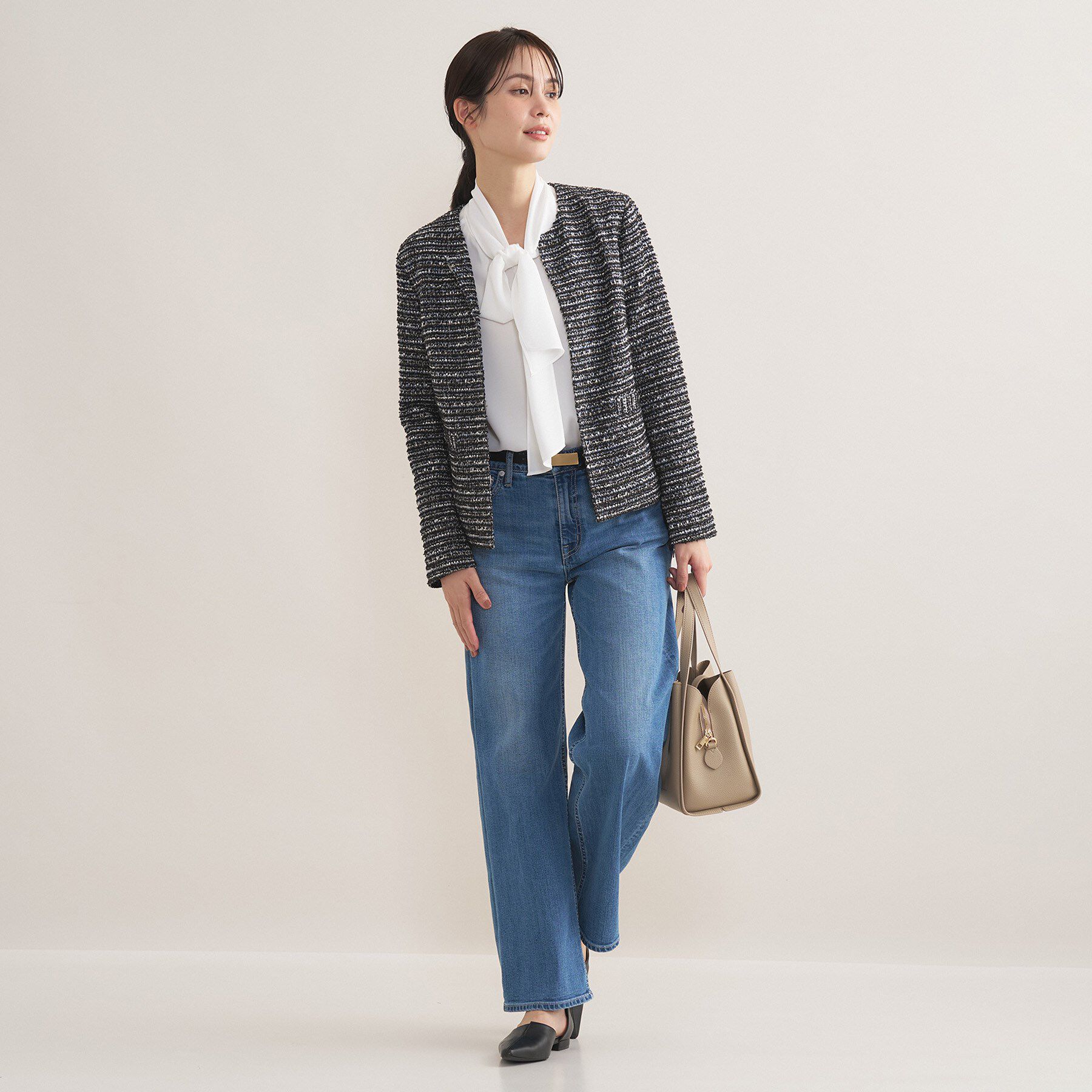 INDIVI「【セレモニー／洗える】ミックスツイードライトジャケット」|ノーカラージャケット|