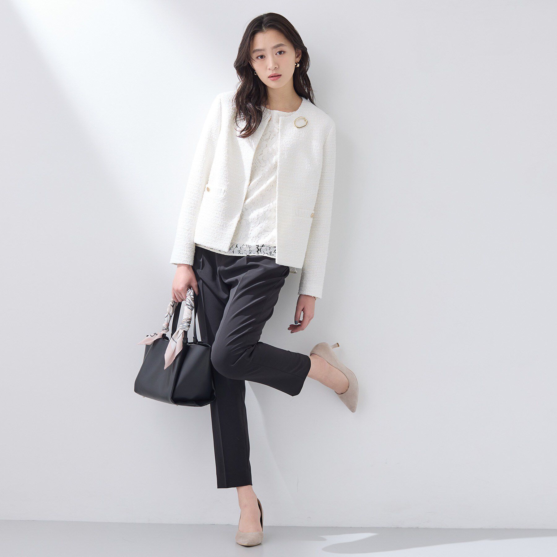 INDIVI「【セレモニー／洗える】ミックスツイードライトジャケット」|ノーカラージャケット|