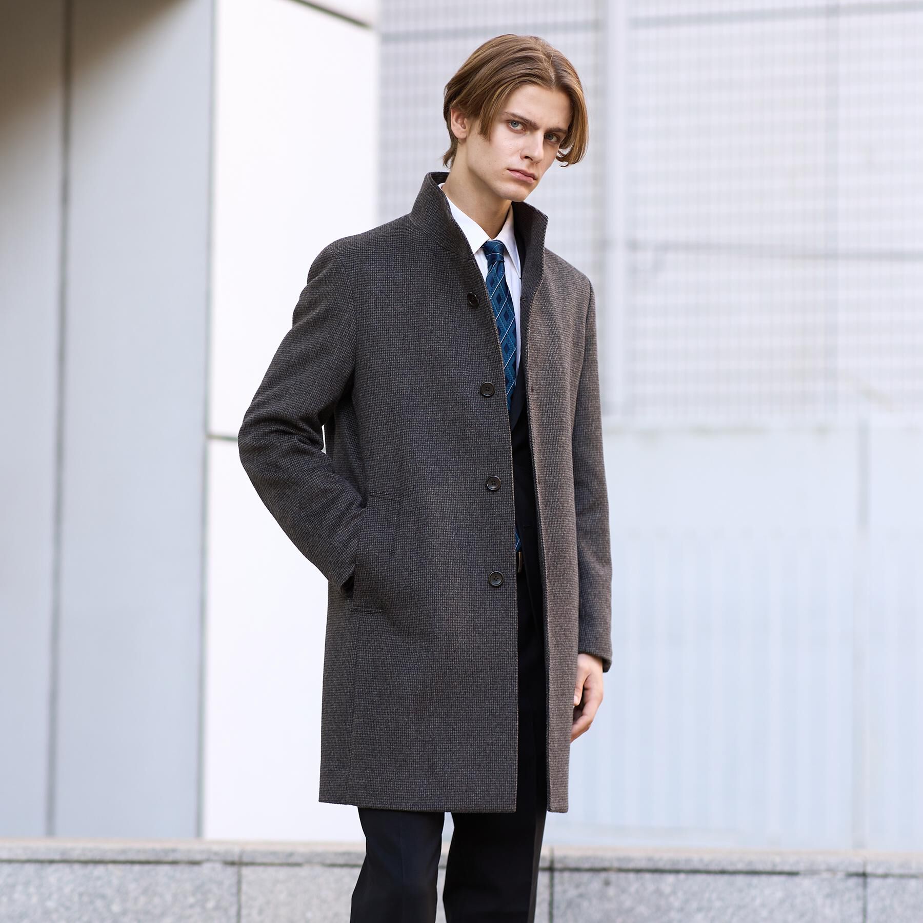 TAKEO KIKUCHI「カシミヤブレンド ビーバー調ピンヘッドスタンドカラーコート」|その他|ブラウン(544)